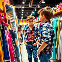 A young boy shopping for new clothes in a vibrant clothing store