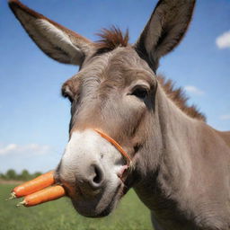 A realistic, meticulously-detailed, colorful image of a donkey cheerfully eating a carrot