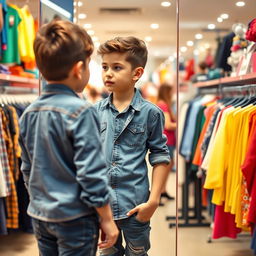 A young boy shopping for new clothes in a vibrant clothing store