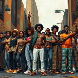 A powerful and artistic representation of Black consciousness and identity, depicting a group of diverse Black individuals in an urban setting, standing strong and united, showcasing various aspects of culture such as music, art, and history