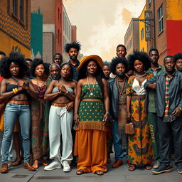 A powerful and artistic representation of Black consciousness and identity, depicting a group of diverse Black individuals in an urban setting, standing strong and united, showcasing various aspects of culture such as music, art, and history