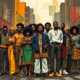 A powerful and artistic representation of Black consciousness and identity, depicting a group of diverse Black individuals in an urban setting, standing strong and united, showcasing various aspects of culture such as music, art, and history