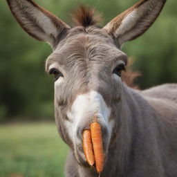 A realistic, meticulously-detailed, colorful image of a donkey cheerfully eating a carrot