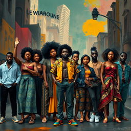 A powerful and artistic representation of Black consciousness and identity, depicting a group of diverse Black individuals in an urban setting, standing strong and united, showcasing various aspects of culture such as music, art, and history