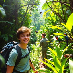 A young traveler exploring a lush jungle, surrounded by vibrant greenery and exotic plants