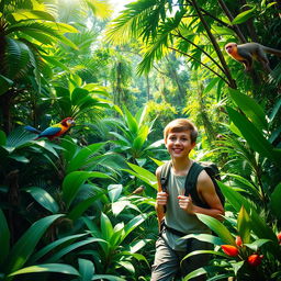 A young traveler exploring a lush jungle, surrounded by vibrant greenery and exotic plants