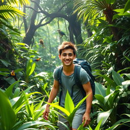 A young traveler exploring a lush jungle, surrounded by vibrant greenery and exotic plants