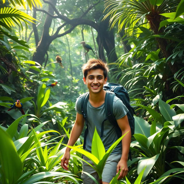 A young traveler exploring a lush jungle, surrounded by vibrant greenery and exotic plants