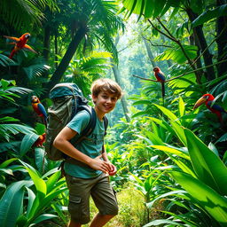 A young traveler exploring a lush jungle, surrounded by vibrant greenery and exotic plants