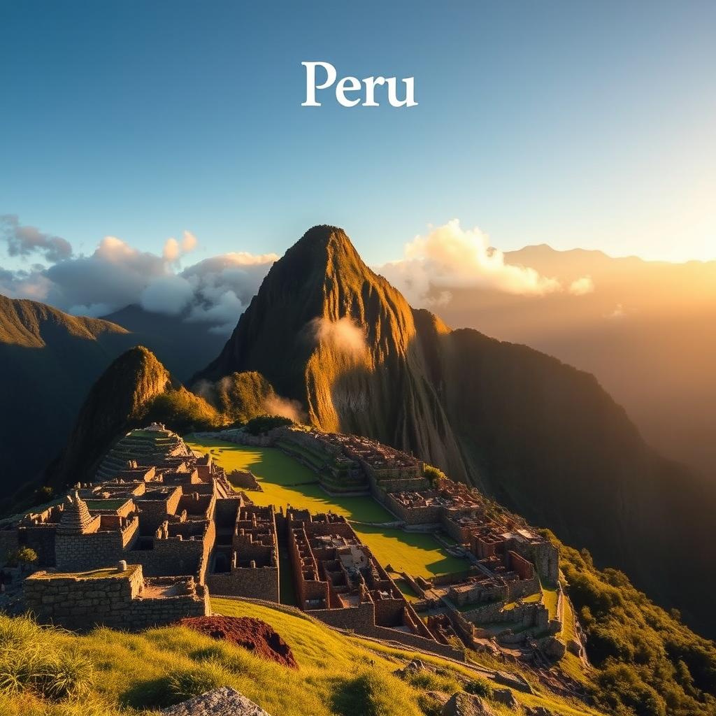 A stunning panoramic view of Machu Picchu, the ancient Incan citadel situated amidst the majestic Andes mountains, bathed in the warm glow of sunrise