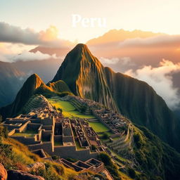 A stunning panoramic view of Machu Picchu, the ancient Incan citadel situated amidst the majestic Andes mountains, bathed in the warm glow of sunrise