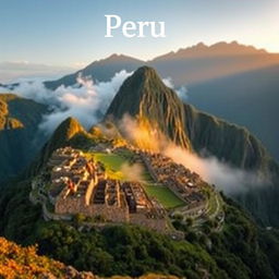 A stunning panoramic view of Machu Picchu, the ancient Incan citadel situated amidst the majestic Andes mountains, bathed in the warm glow of sunrise