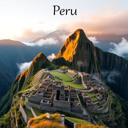 A stunning panoramic view of Machu Picchu, the ancient Incan citadel situated amidst the majestic Andes mountains, bathed in the warm glow of sunrise