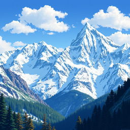 A stunning pixel art depiction of high snow-capped mountains