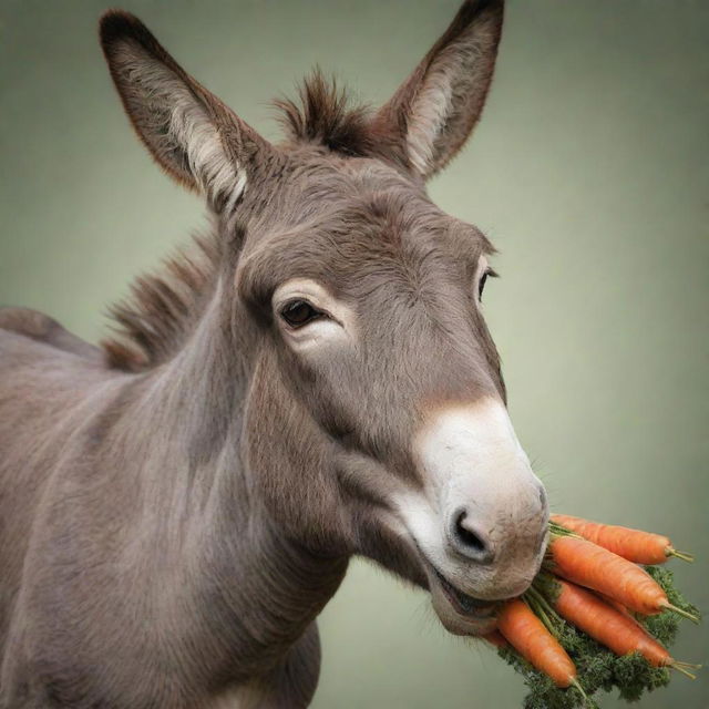 A realistic, meticulously-detailed, colorful image of a donkey cheerfully eating a carrot