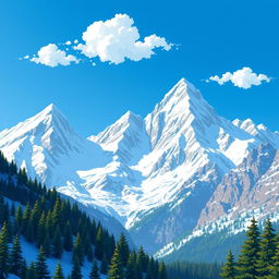 A stunning pixel art depiction of high snow-capped mountains