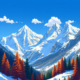 A stunning pixel art depiction of high snow-capped mountains