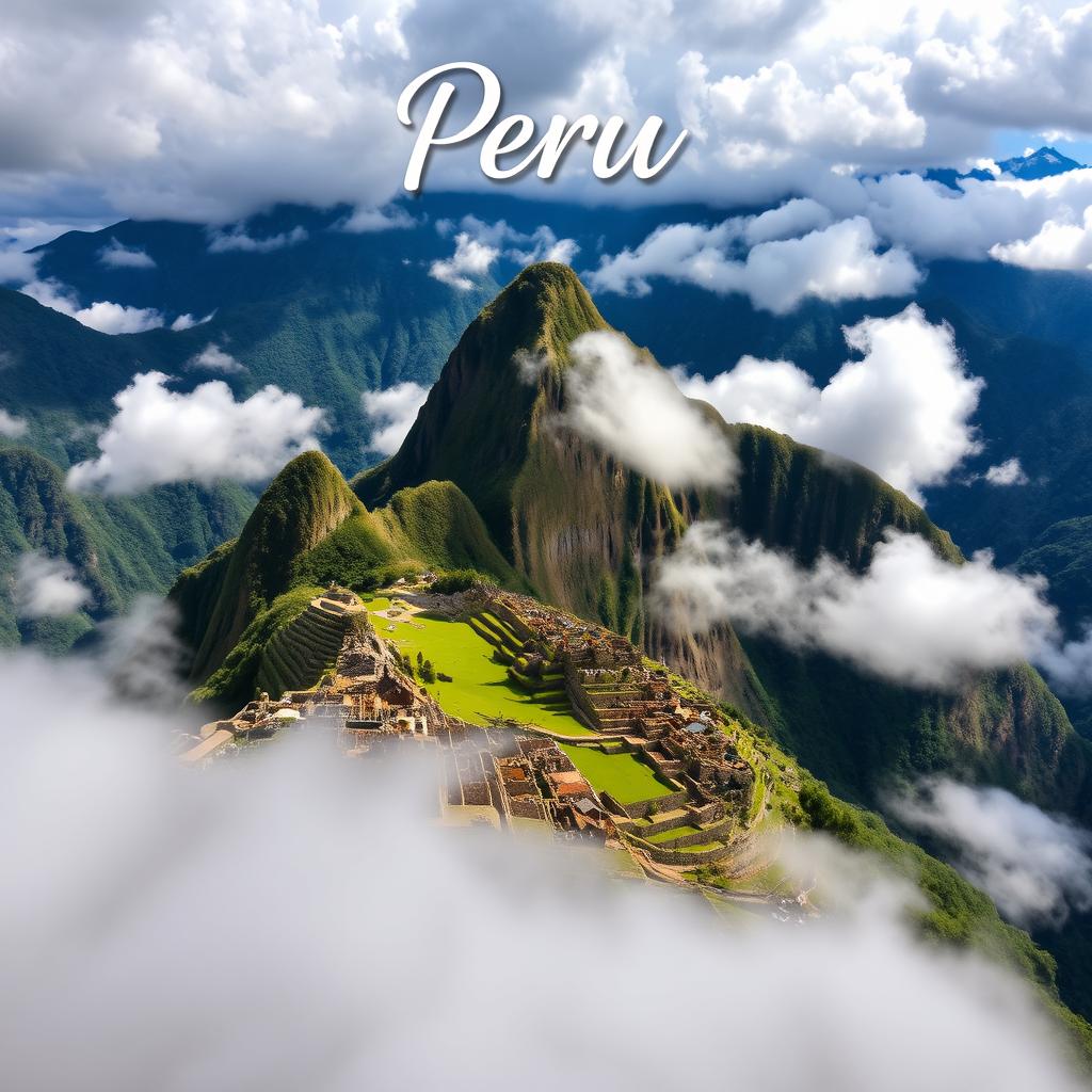 A breathtaking aerial view of Machu Picchu, the ancient Incan citadel perched high in the Andes mountains, surrounded by lush greenery and dramatic cloud cover