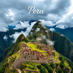 A breathtaking aerial view of Machu Picchu, the ancient Incan citadel perched high in the Andes mountains, surrounded by lush greenery and dramatic cloud cover