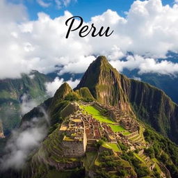 A breathtaking aerial view of Machu Picchu, the ancient Incan citadel perched high in the Andes mountains, surrounded by lush greenery and dramatic cloud cover