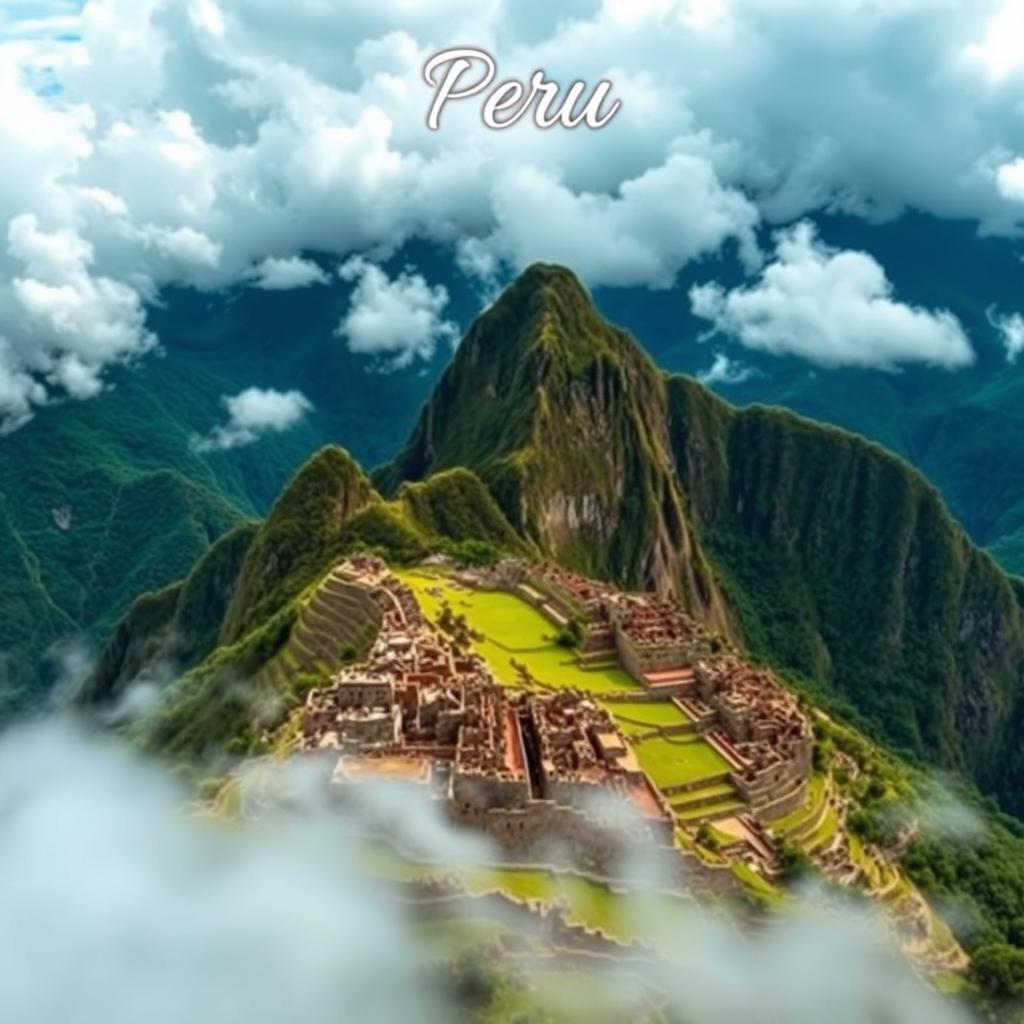 A breathtaking aerial view of Machu Picchu, the ancient Incan citadel perched high in the Andes mountains, surrounded by lush greenery and dramatic cloud cover