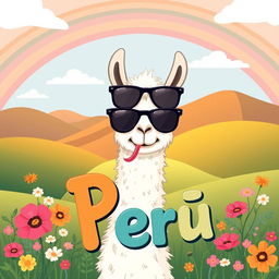 A whimsical and playful illustration of a funny llama with a vibrant and colorful background