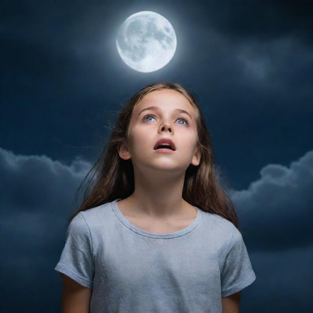 A mysteriously captivating young girl standing under a moonlit sky, her eyes shimmering with a unique blend of fear and excitement as she encounters an unknown but not threatening entity.