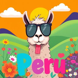 A whimsical and playful illustration of a funny llama with a vibrant and colorful background