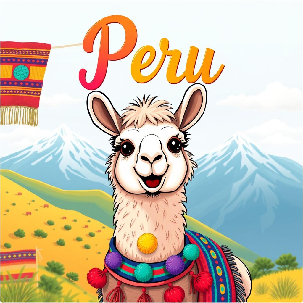 A charming and colorful illustration of a llama with a bright and cheerful demeanor, set against a backdrop of the Andean mountains and traditional Peruvian textiles