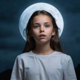 A mysteriously captivating young girl standing under a moonlit sky, her eyes shimmering with a unique blend of fear and excitement as she encounters an unknown but not threatening entity.