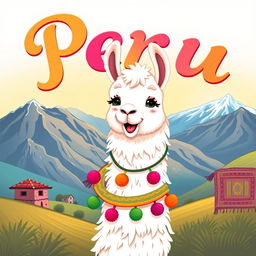 A charming and colorful illustration of a llama with a bright and cheerful demeanor, set against a backdrop of the Andean mountains and traditional Peruvian textiles