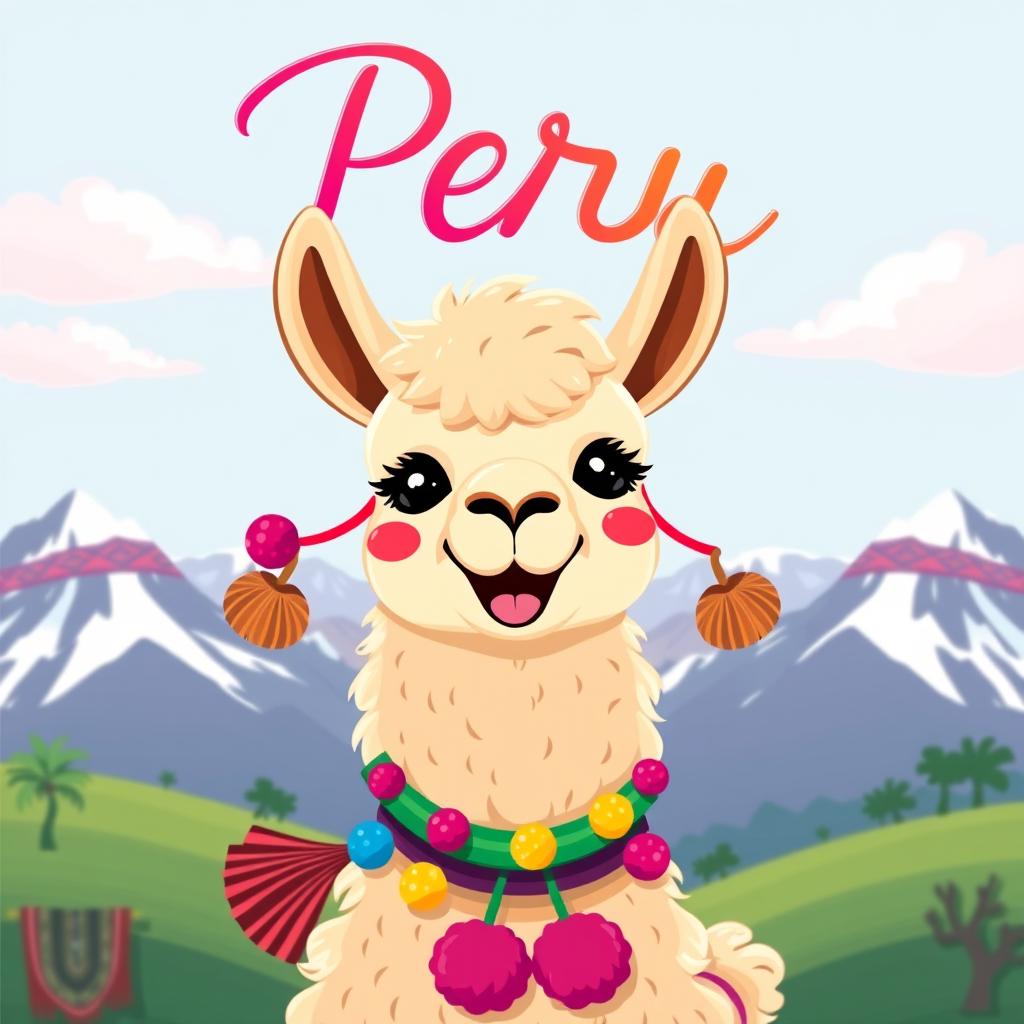 A charming and colorful illustration of a llama with a bright and cheerful demeanor, set against a backdrop of the Andean mountains and traditional Peruvian textiles