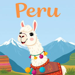 A charming and colorful illustration of a llama with a bright and cheerful demeanor, set against a backdrop of the Andean mountains and traditional Peruvian textiles