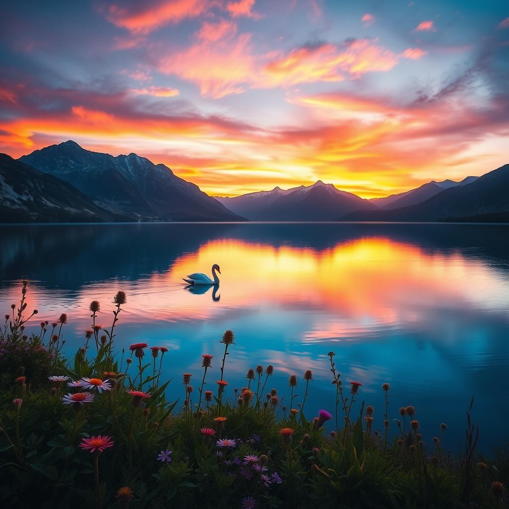 A tranquil scene depicting a serene lake surrounded by majestic mountains during a vibrant sunset