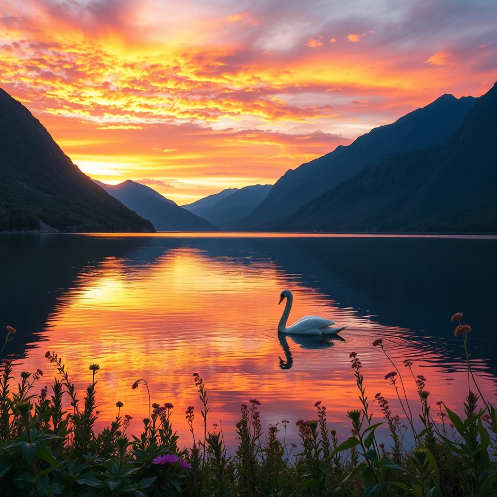 A tranquil scene depicting a serene lake surrounded by majestic mountains during a vibrant sunset