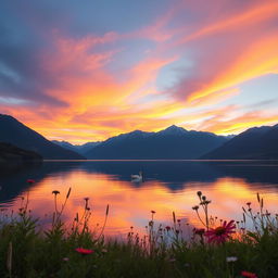 A tranquil scene depicting a serene lake surrounded by majestic mountains during a vibrant sunset