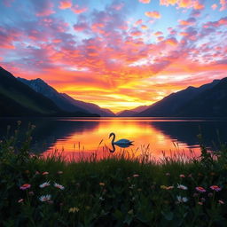 A tranquil scene depicting a serene lake surrounded by majestic mountains during a vibrant sunset