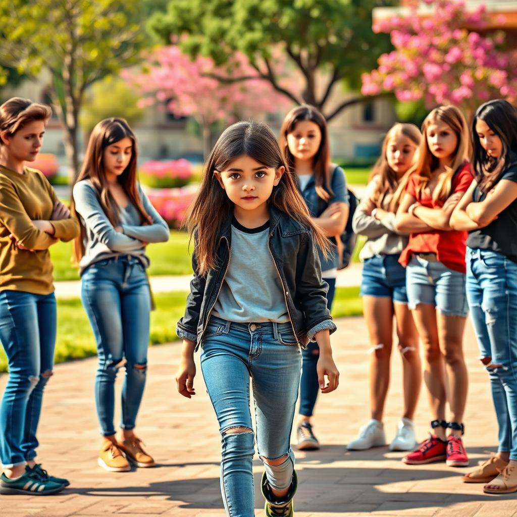 A girl stepping away from her group of friends, who are visibly upset