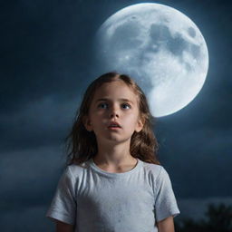 A mysteriously captivating young girl standing under a moonlit sky, her eyes shimmering with a unique blend of fear and excitement as she encounters an unknown but not threatening entity.