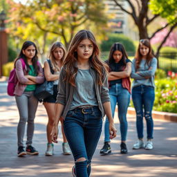 A girl stepping away from her group of friends, who are visibly upset