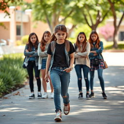 A girl stepping away from her group of friends, who are visibly upset