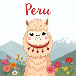 A delightful illustration of an alpaca with a friendly and fluffy appearance, set against a scenic backdrop of the Peruvian Andes