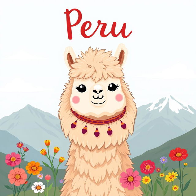 A delightful illustration of an alpaca with a friendly and fluffy appearance, set against a scenic backdrop of the Peruvian Andes