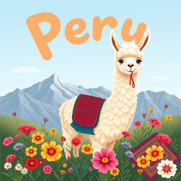 A delightful illustration of an alpaca with a friendly and fluffy appearance, set against a scenic backdrop of the Peruvian Andes