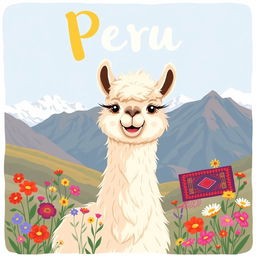 A delightful illustration of an alpaca with a friendly and fluffy appearance, set against a scenic backdrop of the Peruvian Andes