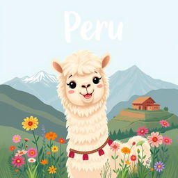 A delightful illustration of an alpaca with a friendly and fluffy appearance, set against a scenic backdrop of the Peruvian Andes