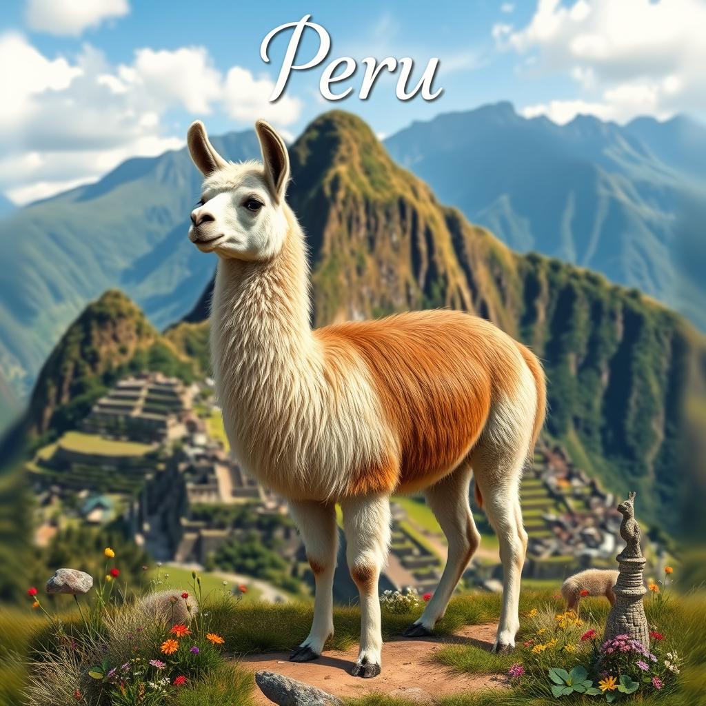 A realistic depiction of a llama in its natural habitat, showcasing its unique features and intricate details of its fur