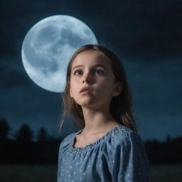 A mysteriously captivating young girl standing under a moonlit sky, her eyes shimmering with a unique blend of fear and excitement as she encounters an unknown but not threatening entity.