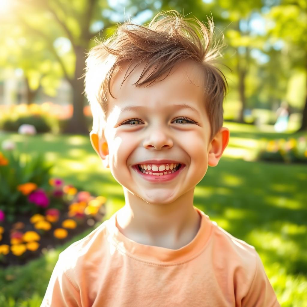 A joyful young boy smiling broadly, radiating happiness and innocence