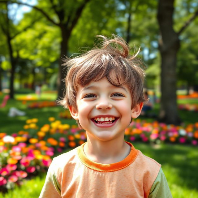 A joyful young boy smiling broadly, radiating happiness and innocence